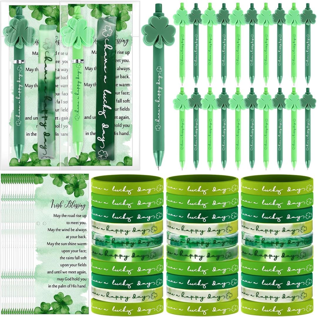 144 Pcs St. Patrick's Day Party Favors Shamrock Ballpoint Pen Silicone Wristband Bracelet Green Irish Blessing Prayer Card Bulk Good Luck Clover Gift for Teacher Employee Office Supplies