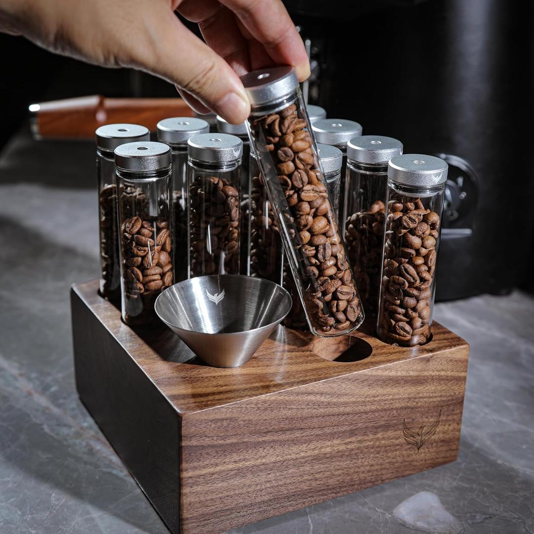 Single Dose Coffee Bean Storage Tubes Espresso Bean Cellar 12pcs One-Way Exhaust Valve Lids Glass Dosing Vials With Walnut Stand & Stainless Steel Funnel