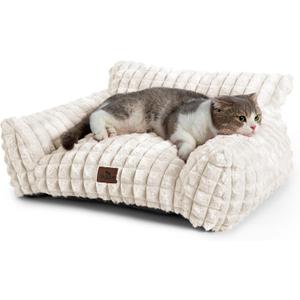 Cat Beds for Indoor Cats - Cute Cat Couch Bed Fluffy Pet Sofa with Faux Rabbit Fur Washable Cover, Fuzzy Pet Couch in 3D Diamond Pattern, Suppportive Large & Small Cats Sofa, 24inch Off White