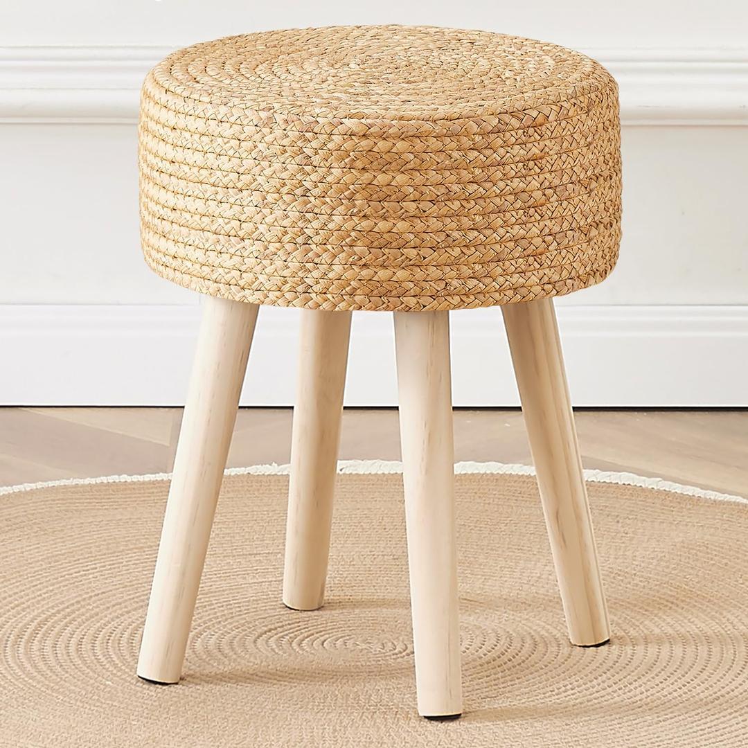 Cpintltr Round Ottoman Footstool Foot Stool Pouf Ottomans with Solid Wood Legs Hand Weave Hyacinth Footrest Step Stool for Living Room Balcony Garden Natural Hyacinth Seagrass