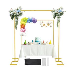 8.2FT x 8FT Backdrop Stand Heavy Duty with Base, Gold Portable Adjustable Pipe and Drape Backdrop Stand Kit, Over The Table Rod Stand with Clamps, Square Metal Arch Party Frame for Birthday Decor