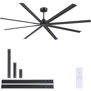 JSAITEE 96Inch Industrial Ceiling Fan, Reversible Quiet DC Motor, 8 Blades, 3 Downrods, 6 Speed Remote Control, Large No-Light Ceiling Fan for Residential & Commercial Spaces, Porch Garage Shop, Black