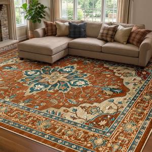 RELEANY Area Rugs 8'x10' Washable Non-Slip, Floral Vintage Distress Print Pattern Medallion Carpet for Living Room Bedroom Dining Room, Red Orange Blue Brown
