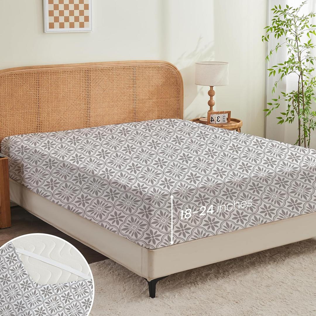 Queen Fitted Sheet Only,Microfiber Patterned Floral Fitted Sheet Deep Pocket 24 Inches, Ultra Soft & Wrinkle Resistant Queen Bed Sheets Deep Pocket,Grey Vintage Floral