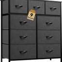 DWVO 9 Drawers Dresser for Bedroom, Fabric Storage Tower for Living Room, Entryway - Sturdy Steel Frame, Wooden Top & Easy Pull Fabric Bins (Black Grey Print)