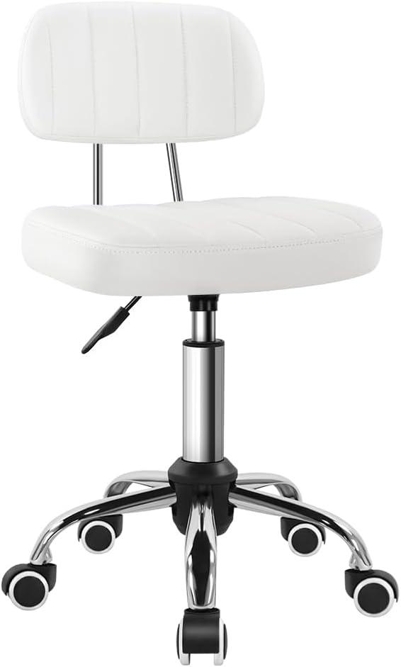 BFTOU White Square Swivel Stool with Wheel for Work SPA Shop Massage HeightAdjustable and CostEffective Rolling Stool Chair with Back