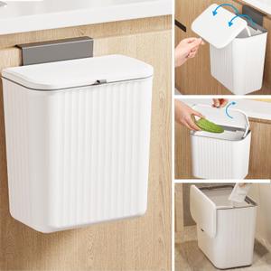 2.4 Gallon Kitchen Compost Bin for Counter Top or Under Sink, Hanging Small Kitchen Trash Can with Lid, Wall Mounted Waste Basket Bin Garbage Can for Bathroom (White)