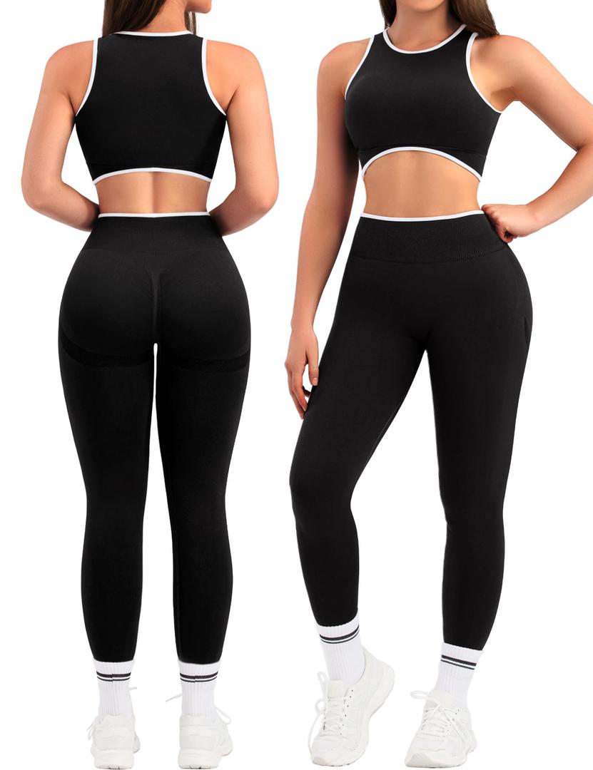 Relety Womens Workout Sets 2 Piece Seamless Crop Tank Top High Waist Leggings Contrast Trim Padded Racerback Bra Yoga Outfits, M