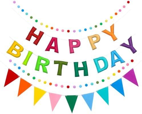 Rainbow Birthday Decorations, NO DIY, Pre-Strung Felt Happy Birthday Banner with Colorful Pom Pom Garlands, Pennant Banner Flags, Reusable Happy Birthday Party Decorations for Women Men Girls Boys