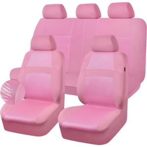 CAR PASS Pink Car Seat Cover Full Sets, Air Breath in Summer Mesh Seat Cover 5mm Sponge Airbag Composite, Cute for Women Girly, Universal Fit SUV, Vans, sedans,Trucks, Automotive Interior All Pink