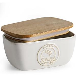 Getstar Ceramic Butter Dish with Acacia Lid for Countertop, Silicone Sealing, Farmhouse Kitchen Counter Decor, Large Butter Keeper Container (6.5x4)