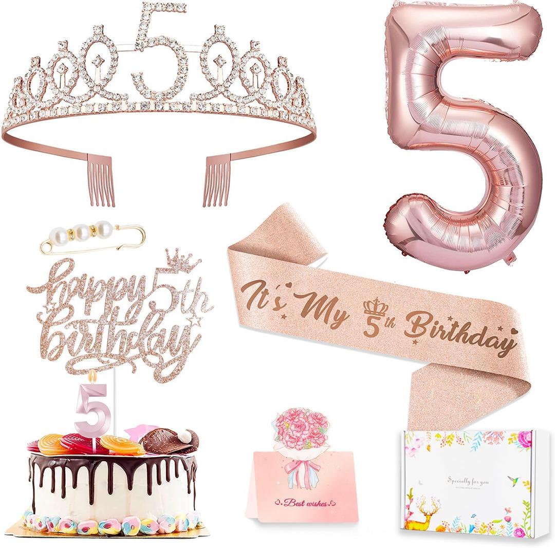 5th Birthday Decorations Girl, Including 5 year old Birthday Cake Topper, Queen Sash with Pearl Pin, Sweet Rhinestone Tiara Crown, Number Candles and Balloons Set, Rose Gold