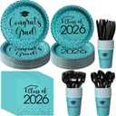 175pcs Class of 2026 Graduation Plates and Napkins Set, Disposable Paper Plate Set Polka Dots Plates Napkins Cups Knife Fork Spoon for Graduation Party Decorations and Supplies,Serve 25Teal Black