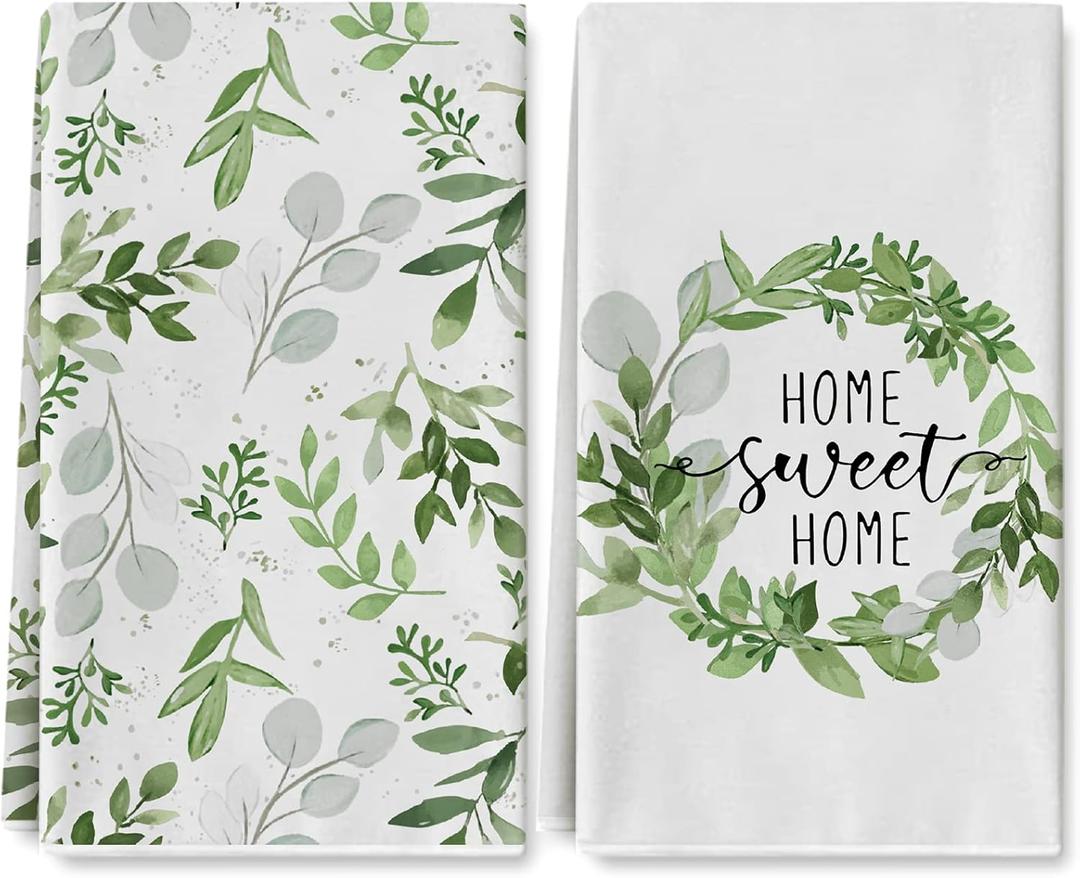 Whaline Greenery Kitchen Towel 18 x 28 Inch Watercolor Green Leaves Dish Towel Home Sweet Home Eucalyptus Hand Drying Tea Towels for Spring Summer Baking Cooking Cleaning Party Supplies, 2Pcs