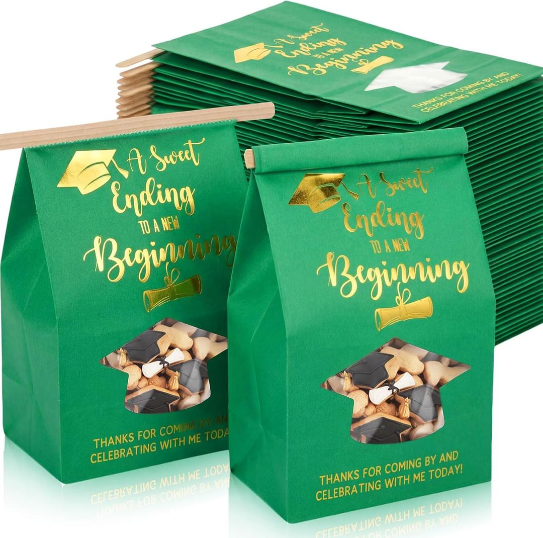 Sweetude 60 Pcs 2026 Graduation Treat Cookie Bags with Window, Green and Gold Grad Bakery Candy Bags 4 x 2.36 x 6.7 Inch Kraft Paper Iron Wire Tie Tab Lock for Class of 2026 Congrats Party Supplies