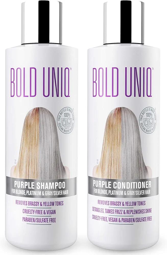 BOLD UNIQ Purple Shampoo & Conditioner Duo - Eliminates Brassy Yellow Tones. Lightens Blonde, Platinum, Ash, Silver and Grays. Paraben & Sulfate Free, Vegan and Cruelty Free.