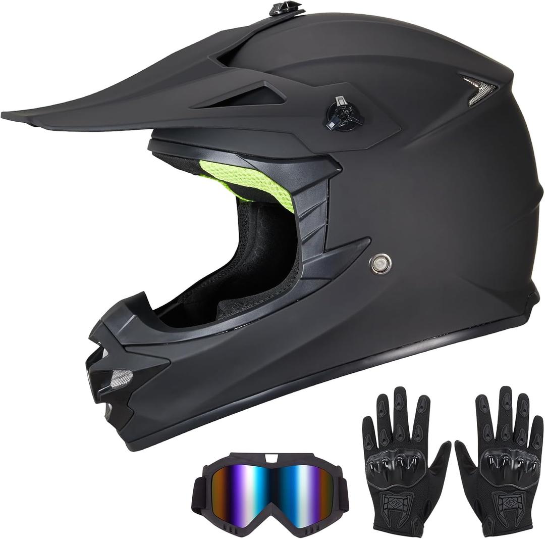 Youth Kids Dirt Bike Helmet for Boys & Girls,F001 Full Face Motorcycle Helmet for Off-Road ATV Street Riding Four Wheeler Mountain Bike with Goggles Gloves,DOT Approved (Medium, Matte Black)