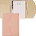 A5 Binder Refillable Planner Notebook 6 Ring, Tri-fold Lychee Grain Faux Leather Organizer with 200 Sheets Lined Inserts, Aesthetic Loose Leaf Binder for Budget, Journal, Photocard Holder (Pink)