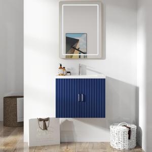 24-Inch Wall-Mounted Floating Bathroom Vanity with Sink, Modern Vanity with 2 Drawers Storage & Gold Metal Handles, Bathroom Cabinet with White Ceramic Integrated Sink, Green (Blue)