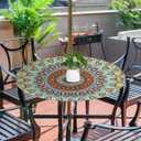 Coloful Boho Round Outdoor Tablecloths with Umbrella Hole Mandala Circle Fitted Table Cloth with Elastic Zippered Tablecloth 45"-56" Waterproof Umbrella Table Cloth Round Elastic Table Cover for Patio