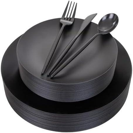 EI 150pcs Black Plastic Plates Frosted Plastic Plate,Premium Heavy Duty Black Plastic Plates,Black Disposable Plates with Black Plastic Silverware,10.25" Dinner Plates and 7.5" Dessert Plate