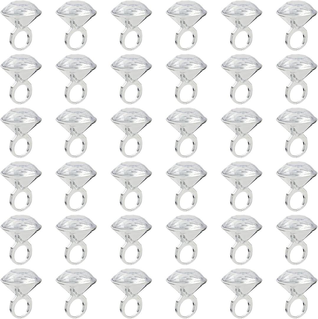 BLUE PANDA 36 Pack Plastic Diamond Rings for Bridal Shower Game, Bulk Set for Bachelorette Party Favors (1 x 1.5 In) - Bachelorette Party Accessories - Fake Diamond Ring