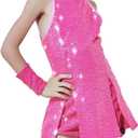 LOLANTA Girls Sequins Dance Clothes Dress 4-12 Yrs Sparkle Hip Hop Jazz Dance Outfit, Sleeveless Top and Shorts (8-9 Years, Rosered) 140