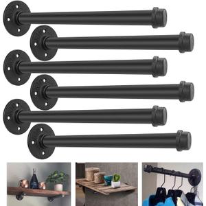 6 Pack Industrial Pipe Shelf Brackets 12 Inches Iron Pipe Floating Shelf Bracket 12 Inch Black Heavy Duty Wrought Metal Shelfs Bracket Wall Shelves Brackets for Garment Rack Vintage Furniture