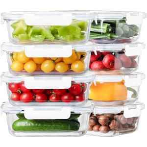 8 Pack 36oz Large Glass Meal Prep Containers with lids, Glass Food Storage Containers with Leak Proof Snap Lock Lids , Airtight Bento lunch Boxes, Kitchen Storage, Oven and Dishwasher Safe-White