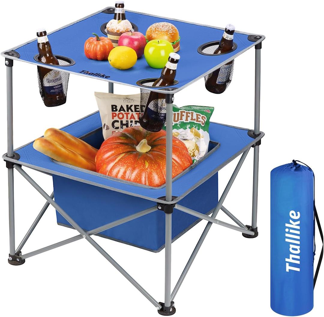 Portable Folding Camping Table Lightweight Outdoor Picnic Table with 4 Cup Holders & Storage Case Collapsible Tailgating Table for Camping Backyard Grill Outdoor Concerts (Blue)