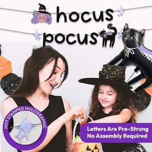HOUSE OF PARTY Hocus Pocus Halloween Banner & Black Cat Balloon - Perfect Indoor Halloween Party Decoration with Witch & Black Cat Designs - Ideal for Mantle and Hocus Pocus Party Decorations, Pack Of 3