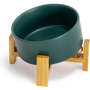 SPUNKYJUNKY 15 Slanted Ceramic Dog and Cat Bowl with Wooden Stand, Tilted Bulldog Food and Water Bowl No Slip Non-Spill for Cats Medium Dogs Big Face Pets 28.7 OZ (3.6 Cups, Green)
