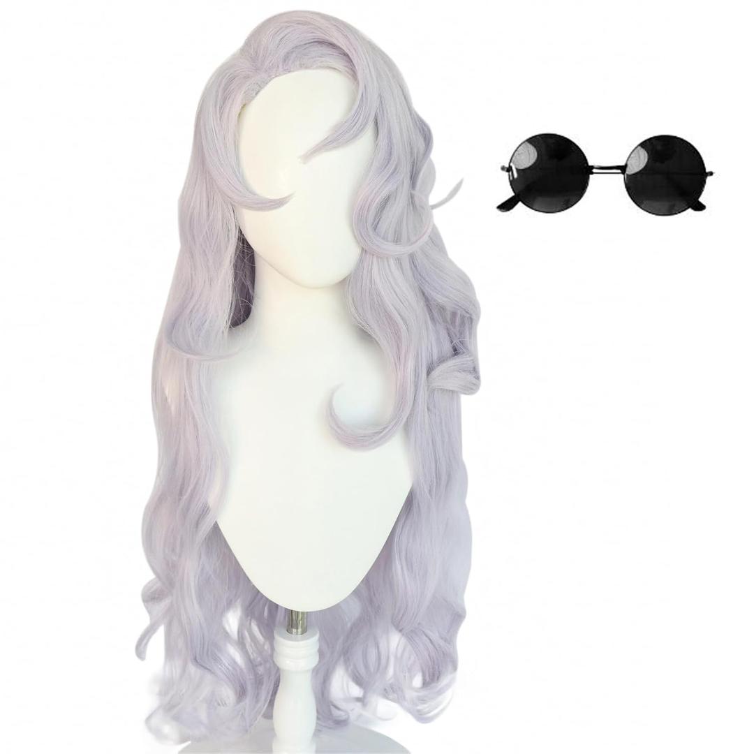 Long Wavy Gojo Satoru Cosplay Wig Costume Halloween Wigs for Women with Black Glasses (Gray Long)