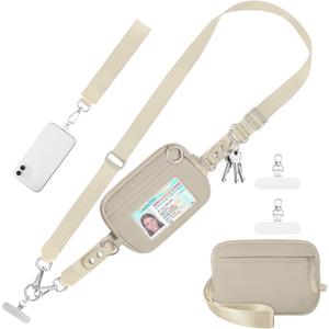 Clip and Go Strap for Phone with Wallet Crossbody Phone Lanyard Adjustable and Detachable RFID Wristlet Wallet with ID Window and Zipper, Khaki (Medium)