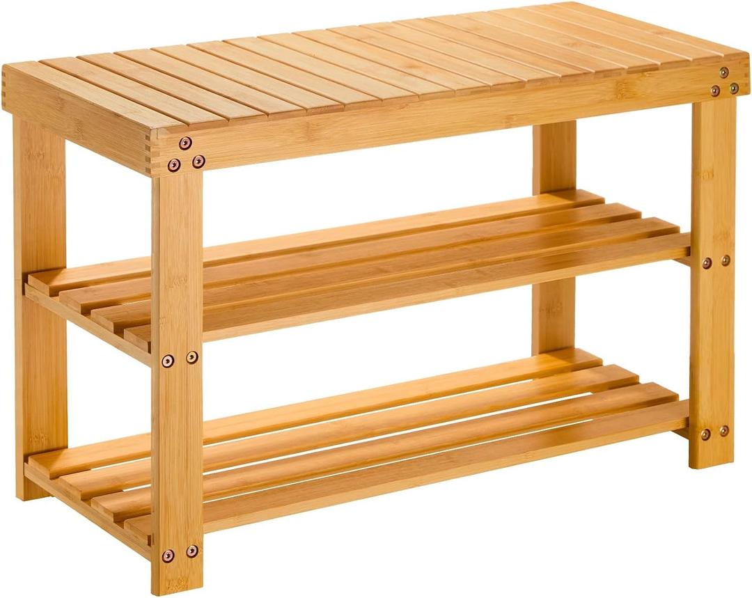 Pipishell 3 Tier Bamboo Shoe Rack Bench - Sturdy Shoe Organizer Holds up to 300lbs for Entryway, Bedroom, Living Room, Balcony, 11"D x 27.5"W x 17.5"H