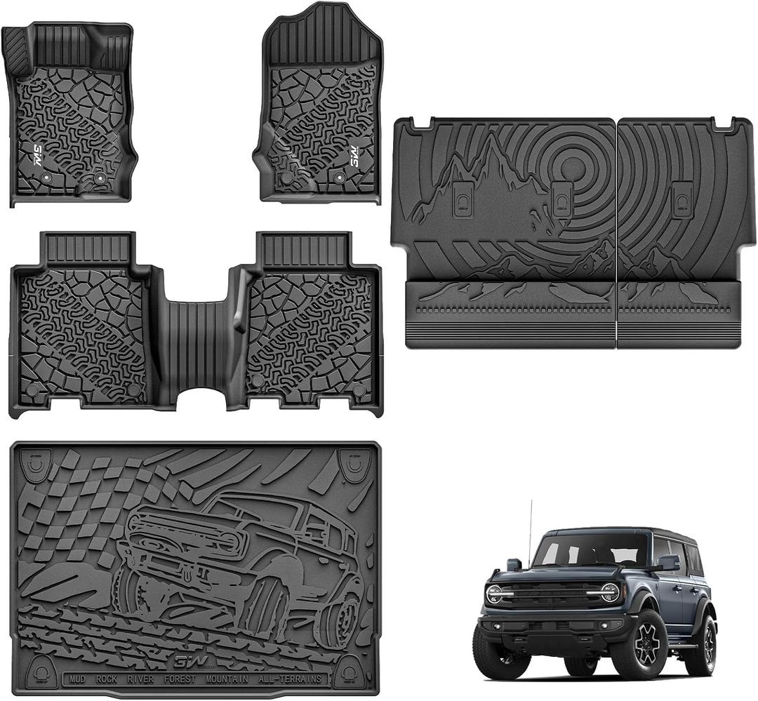 3W Ford Bronco Floor Mats & Cargo Liner & Back Seat Cover Custom Fit for 2021-2025 2026 Bronco 4 Door All Weather Custom Fit Ford Bronco Accessories (Not for Sport & Rubberized Floor)