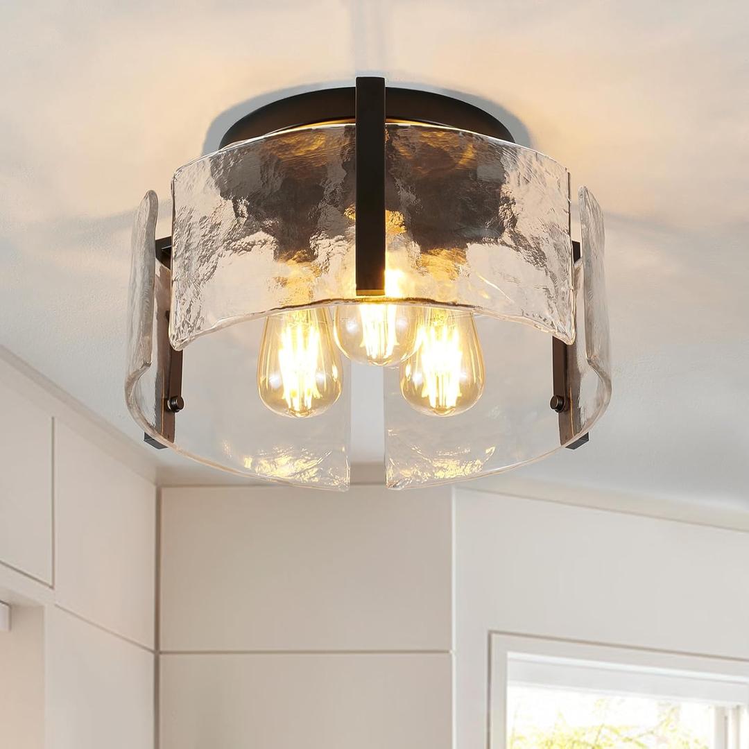 Black Semi Flush Mount Ceiling Light Fixture, 3Light Modern Hallway Light Fixtures Ceiling Mount, Foyer Kitchen Lighting Fixtures Ceiling Lights for Bedroom, Bathroom, Laundry Room, Entryway, Hallway