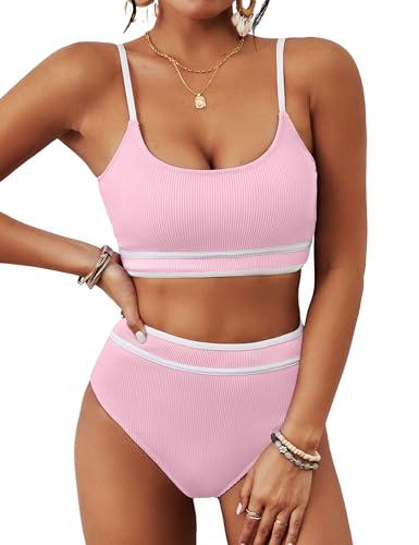 BMJL Women's High Waisted Bikini Ribbed Two Piece Swimsuit High Cut Color Block Adjustable Straps Bathing Suit (M,Pink)
