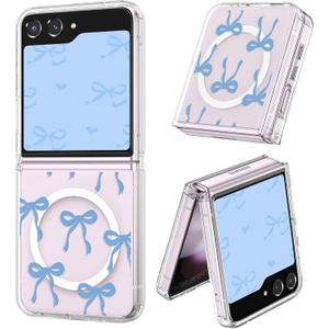 UEEBAI Magnetic for Samsung Galaxy Z Flip 7 5G Case, Bow Case Compatible with MagSafe, Wireless Slim Clear Ribbon Aesthetic Cover Anti-Yellowing Shockproof Protective Cover for Women Girl - Baby Blue