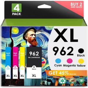 Ink Cartridges HP 962XL. Works with OfficeJet Pro 9028 9029 9010 9015 9018 9025 9020 9012 9026 9027 Printers. 4 Pack 962 (Black, Cyan, Magenta, Yellow)