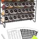 SWOMMOLY Spice Rack Organizer with 32 Glass Spice Jars, 396 Spice Labels, Chalk Marker and Funnel Complete Set, for Cabinet, Countertop, Cupboard or Wall Mount, Black (4 Tier)