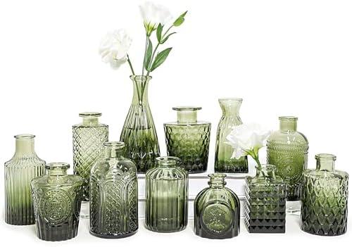 SUPMIND 12pcs Glass Bud Vase Set, Small Green Flower Vases for Centerpieces in Bulk, Mini Vintage Vase for Wedding, Home,Table Decoration