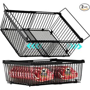 iSPECLE Freezer Organizer Bins  1 Pcs Large Stackable Baskets & 1 Pcs Hanging Deep Freezer Organizer Bins for 10 to 20 Cu. Ft Chest Freezer Easily Gets Bottom Food, Expandable Adds Space, Black