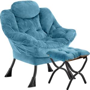 Lazy Chair with Folding Ottoman,Leisure Sofa Chair,Soft Fabric Armchair with Armrests and Side Pockets, Reading Chair with Footrest for Living Room, Bedroom, Office (Plush Blue)