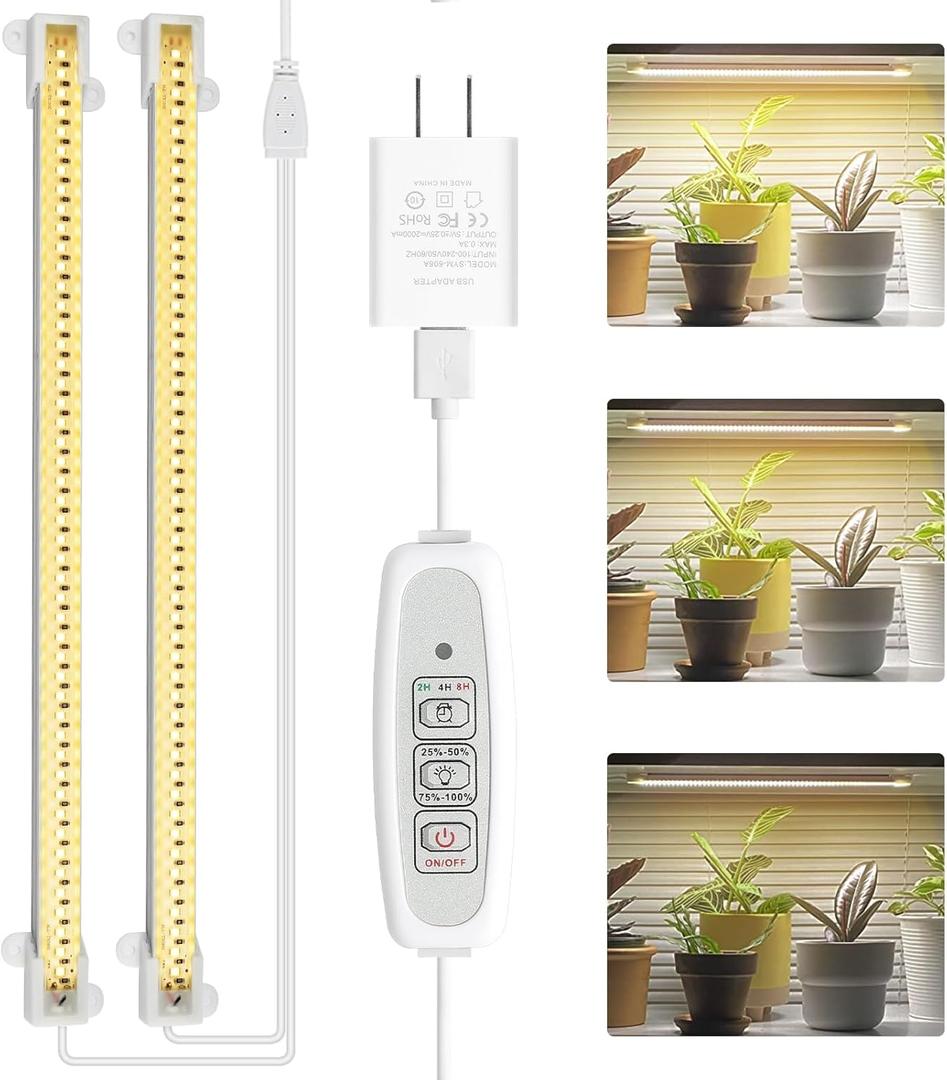 Mosthink LED Plant Grow Light Strips Full Spectrum for Indoor Plants with Auto ON/Off Timer, 48 LEDs / 4 Dimmable Levels, Sunlike Grow Lamp for Hydroponics Succulent, 2 Pack (White)