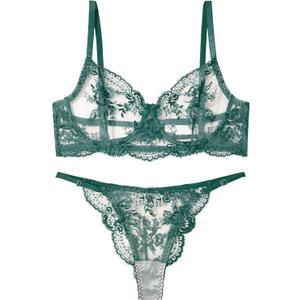 FEOYA Sexy Lingerie Set for Women Underwire Push Up Floral Lace Bra and Panty Embroidered Mesh Sheer Bralette Thong Underwear XL