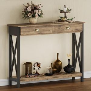 ChooChoo 47" Farmhouse Console Table with Drawer for Entryway, Narrow Long Entry Table with Shelf for Living Room, Rustic Vintage Hallway Sofa Table with Stable X Supports, Rustic Oak & Black, 47.2w"*11.81"d*31.5"h