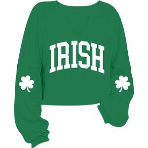 Women's St. Patrick's Day Sweatshirts Long Sleeve Crop Cute Shamrock Clover V Neck Shirts Graphic Top(Green, XL)