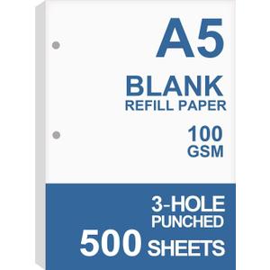 (5-Pack) A5 Filler Paper, 3 Hole Planner Refills, Organizer, Loose-leaf Binder Paper, Total 500 Sheets/1000 Pages, 100gsm, Blank, White Paper, 5.8 x 8.2 Inch, 3 Hole Filler Paper
