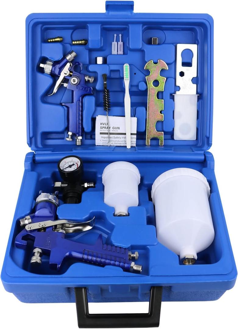 2-Sprayer HVLP Air Gravity Spray paint Gun,1.0mm 150ml & 1.4mm 600ml Auto Gravity Feed Painting with Locking Air Pressure Regulator Gauge Air Spray Nozzle Gun for Cake Decoration,Model Making